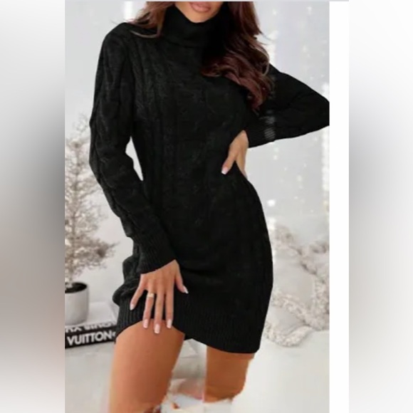 Anthropologie Dresses & Skirts - Anthropology Cozy Black Cable Knit Sweater Dress size L